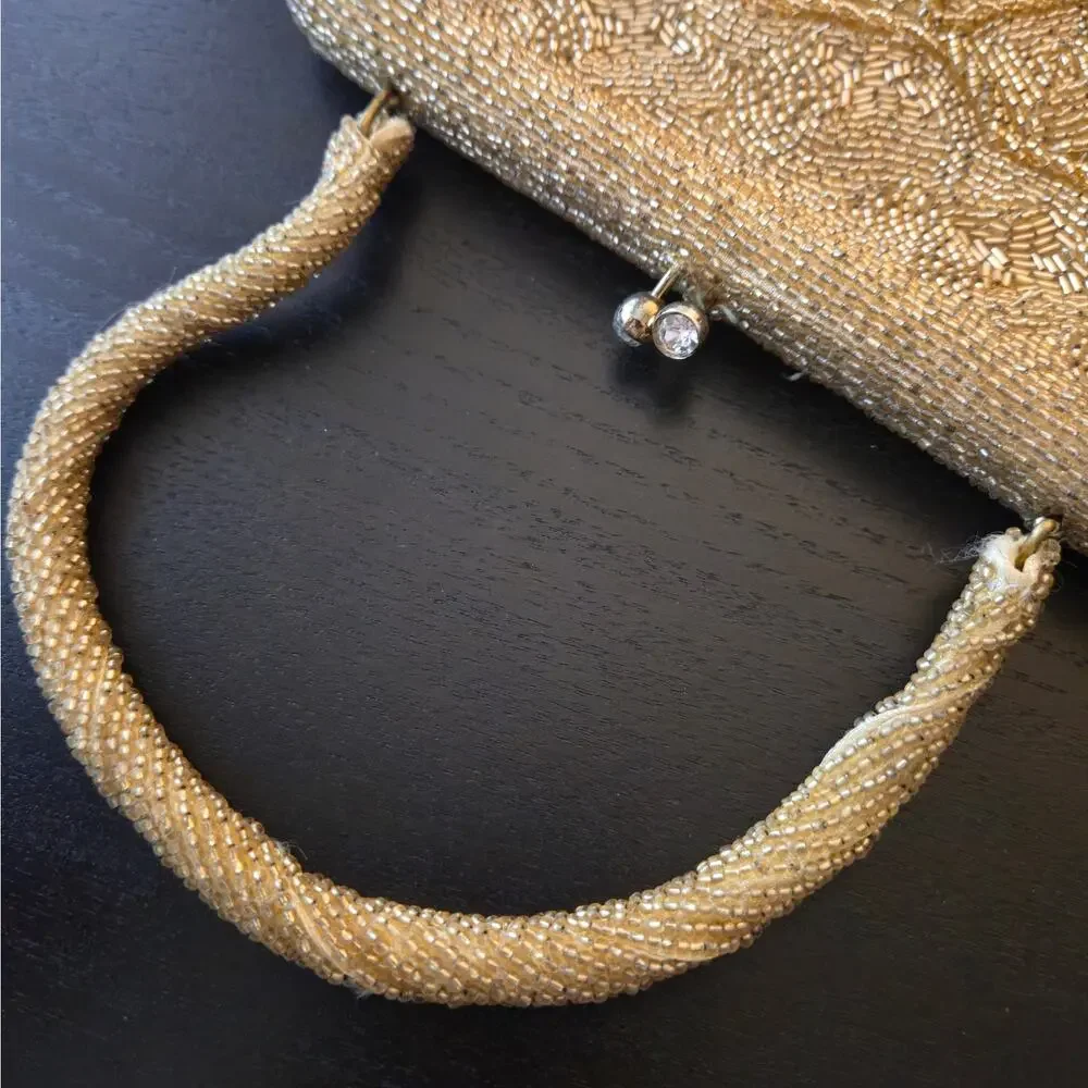 Vintage Black Tie Formal Kiss Lock Beaded Mini Clutch Purse Yellow Gold Handle